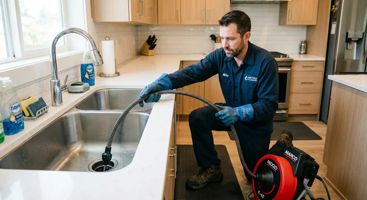 Drain cleaning technician using a motorized snake on a kitchen sink in Glencoe