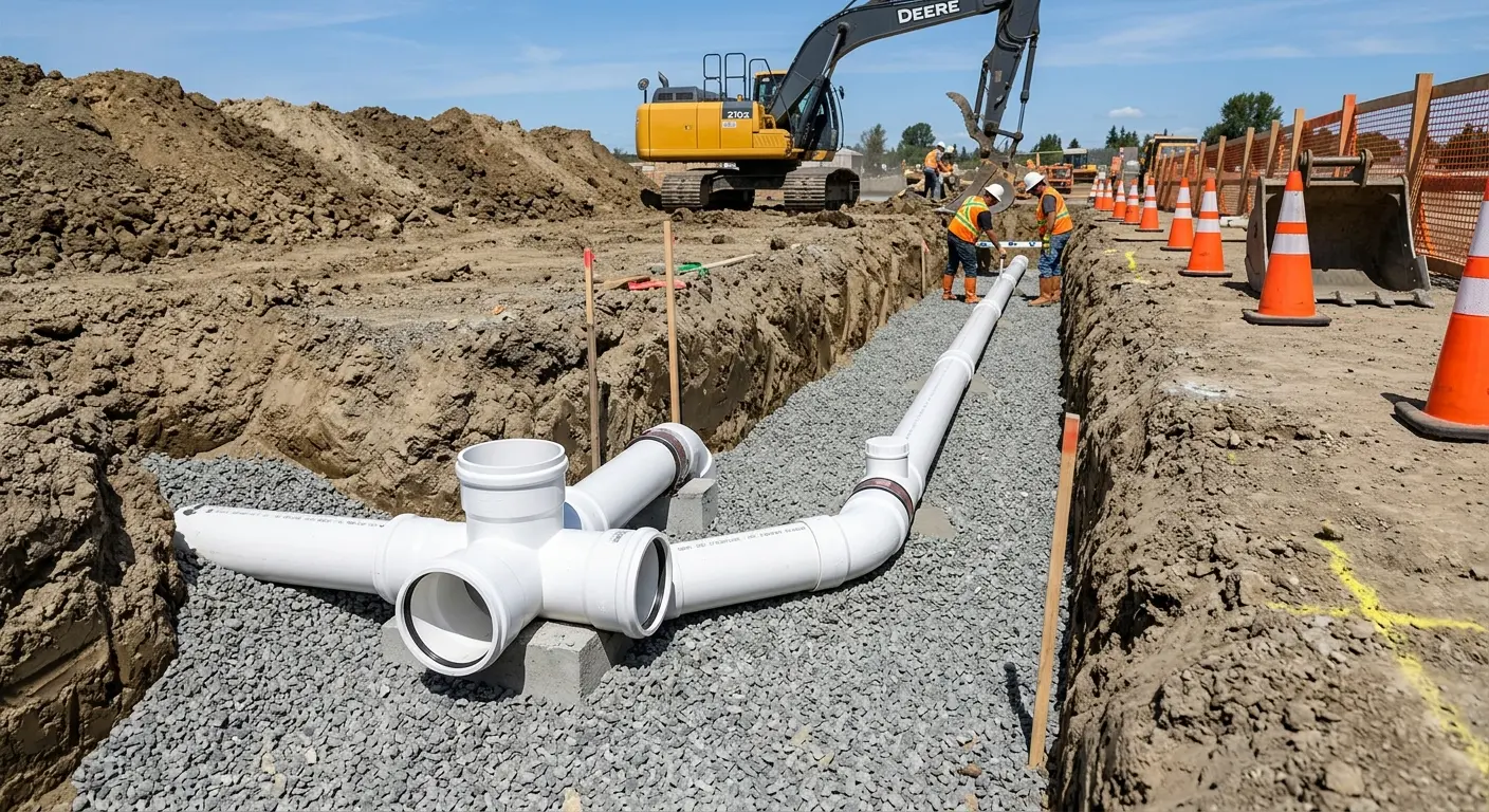 New PVC sewer pipe installation in open trench for Commercial Drain Cleaning in Glencoe